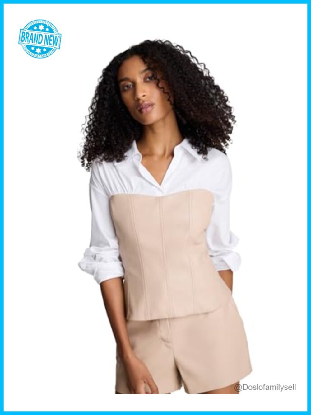 Long Sleeve Cotton Shirt Faux Leather Bustier Collared Blouse